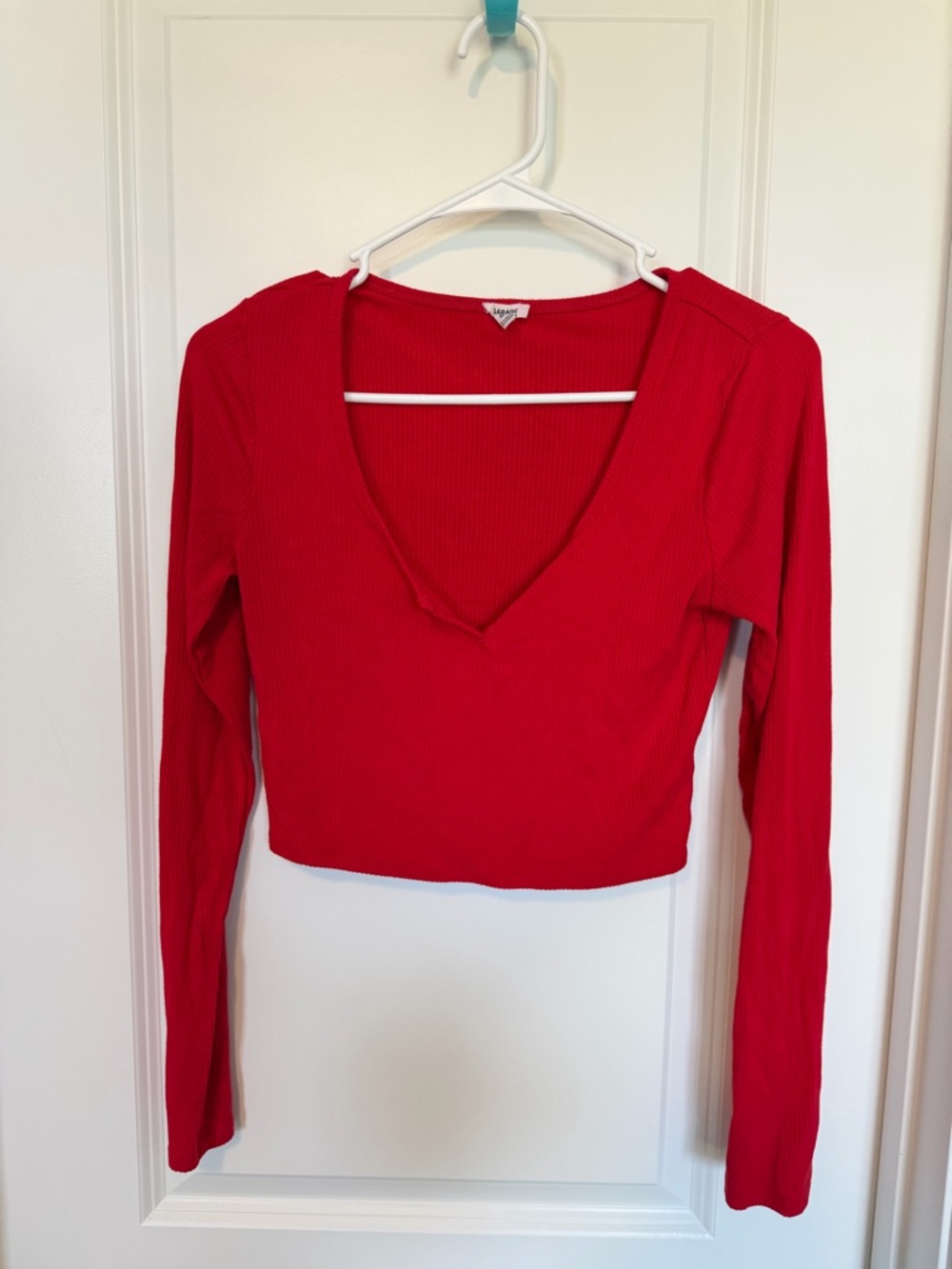 Garage Red Ribbed V-Neck Long Sleeve Crop Top